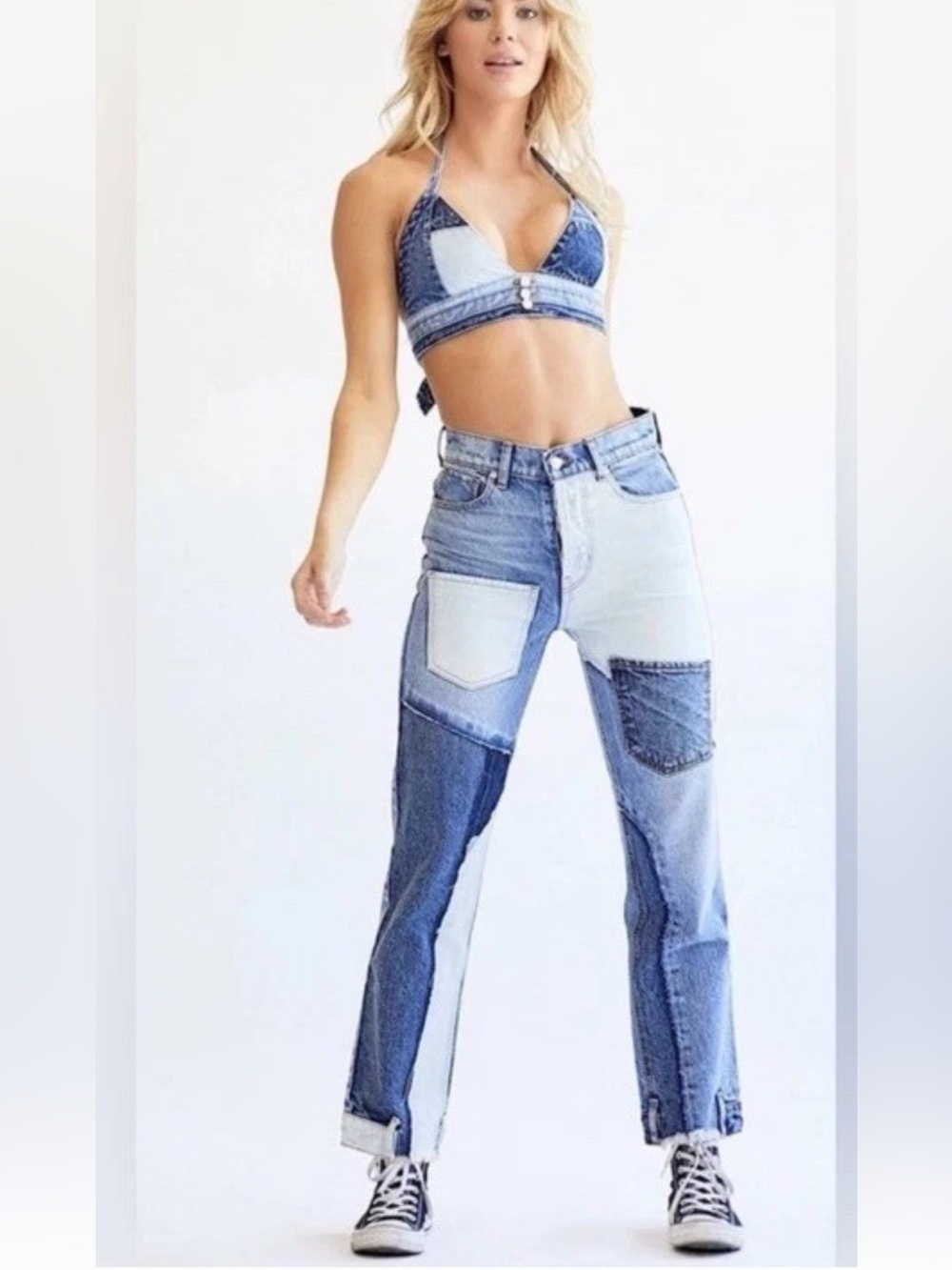 REVICE Patchwork Fly Blue Denim Jeans with Frayed Pockets